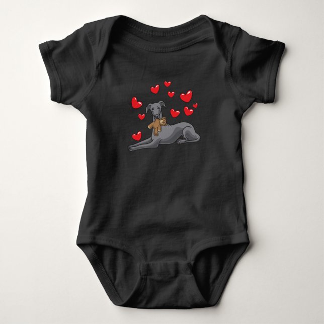 Italian Greyhound Dog With Stuffed Animal Baby Bodysuit (Front)