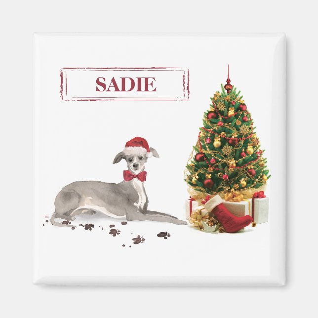 Italian Greyhound Funny Christmas Dog with Tree Magnet (Front)