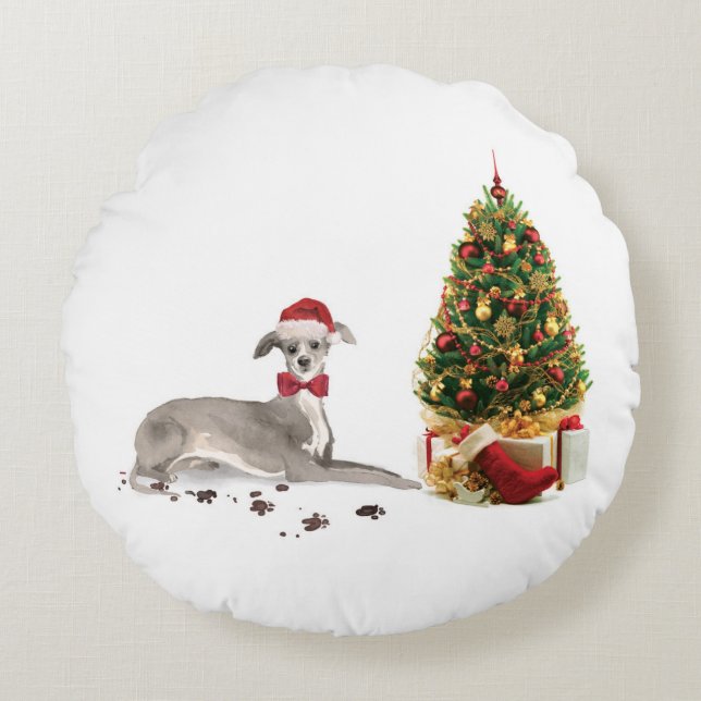 Italian Greyhound Funny Christmas Dog with Tree Round Cushion (Front)