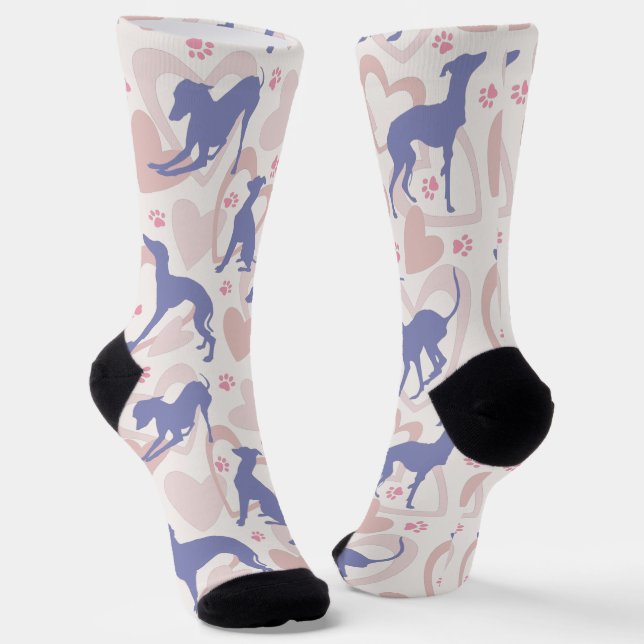 Italian Greyhound Hearts Paws Periwinkle Pattern Socks (Angled)