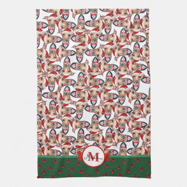 Italian Greyhound Pattern Monogram Christmas Dog Tea Towel (Vertical)