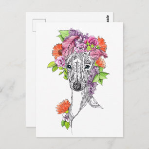 Italian greyhound whippet dog portrait flowers art postcard