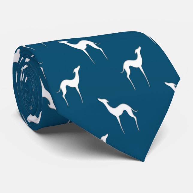 Italian Greyhound Whippet Silhouette Pattern Blue Tie (Rolled)