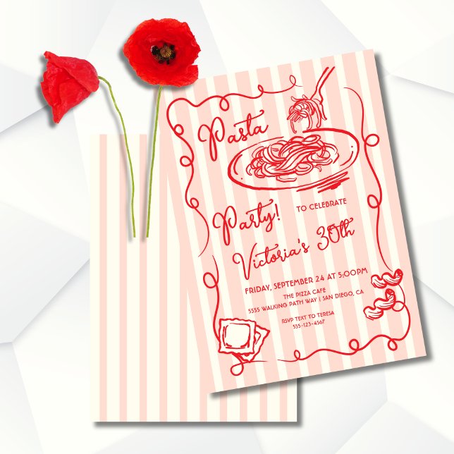 Italian Hand drawn Pasta Party Birthday Invitation (Creator Uploaded)