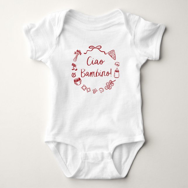 Italian Hand Drawn Pizza Ciao Bambino Baby Shower Bodysuit (Front)