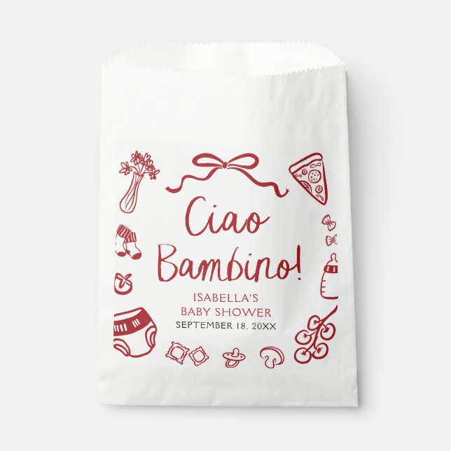 Italian Hand Drawn Pizza Ciao Bambino Baby Shower Favour Bag (Front)
