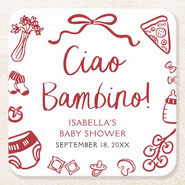 Italian Hand Drawn Pizza Ciao Bambino Baby Shower Square Paper Coaster (Front)