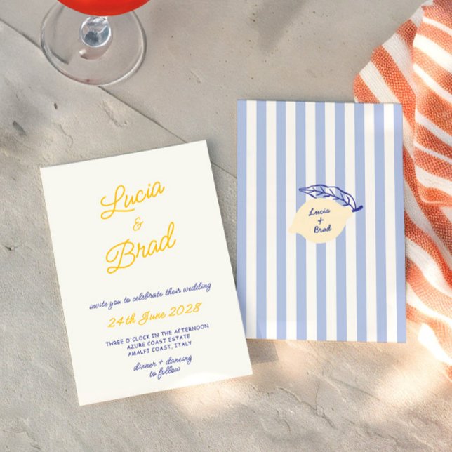 Italian Hand Written Yellow & Blue Stripes Wedding Invitation (Italian Hand Written Yellow & Blue Stripes Wedding Invitation)