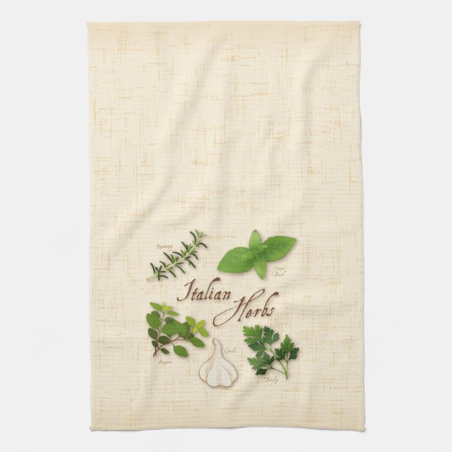 Italian Herbs, Basil, Oregano, Parsley, Garlic Tea Towel (Vertical)
