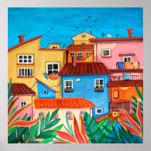 Italian houses. Gouache hand drawn Poster
