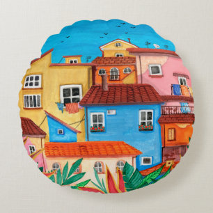Italian houses. Gouache hand drawn Round Cushion
