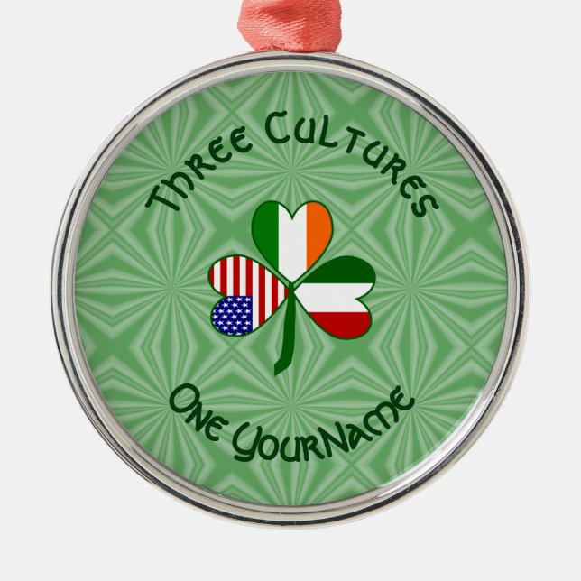 Italian Irish American Flags Shamrock Your Name Metal Ornament (Front)