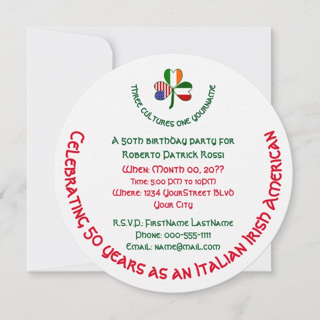 Italian Irish USA Shamrock Personalised Birthday  Invitation (Front)