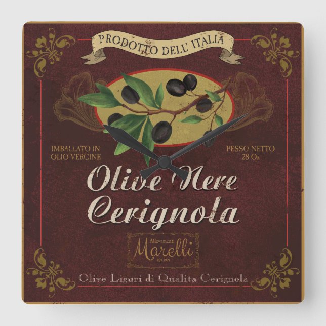 Italian Kitchen Clock, Retro Olives Label Square Wall Clock (Front)