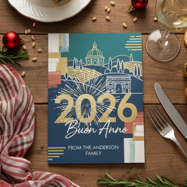 Italian Landscape Buon Anno 2026 Navy Gold Holiday Card (Creator Uploaded)