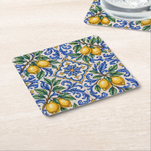 Italian Lemon Azulejo Tile Square Paper Coaster