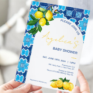 Italian Lemon Baby Shower Blue Mojolica Tiles Invitation