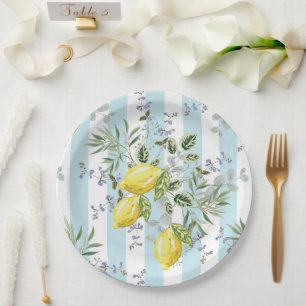 Italian Lemon Blossom Floral Stripe Mediterranean Paper Plate