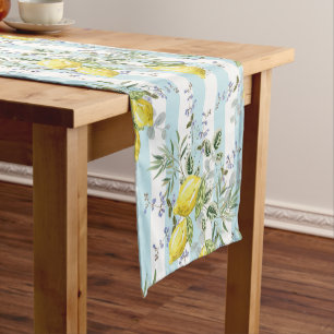 Italian Lemon Blossom Floral Stripe Mediterranean Short Table Runner