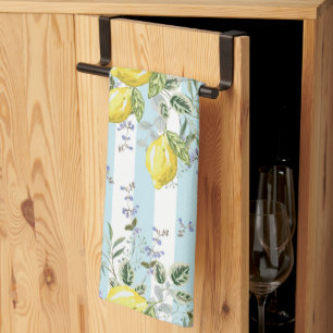 Italian Lemon Blossom Floral Stripe Mediterranean Tea Towel
