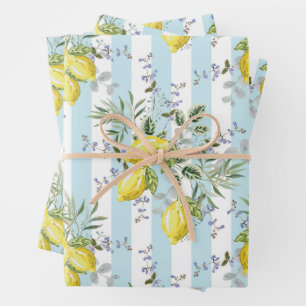 Italian Lemon Blossom Floral Stripe Mediterranean  Wrapping Paper Sheet