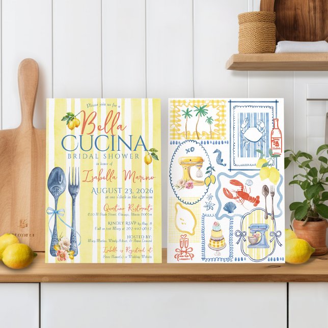 Italian Lemon Blue Bella Cucina Bridal Shower Invitation (Italian lemon yellow coastal chic blue and coral Bella Cucina fork spoon kitchen bridal shower)