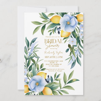 Italian Lemon Blue Floral Citrus Bridal Shower Invitation