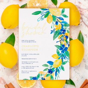 Italian lemon blue floral script bridal shower 