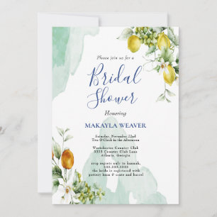 Italian lemon blue floral script bridal shower invitation