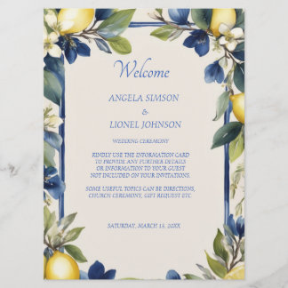 Italian Lemon Blue Floral Wedding Program