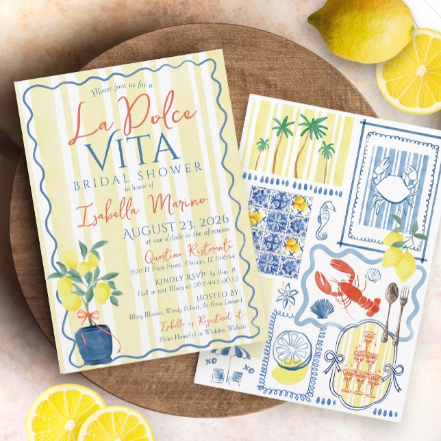 Italian Lemon Blue La Dolce Vita Bridal Shower Invitation (Vintage Italian La Dolce Vita lemons bows coastal chic seaside mediterranean tiles bridal shower)
