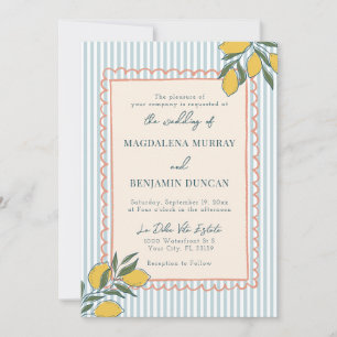 Italian Lemon Blue Stripe Peach Coastal Wedding Invitation