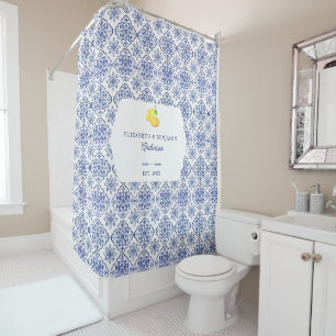Italian Lemon Blue Tile Personalised Mediterranean Shower Curtain