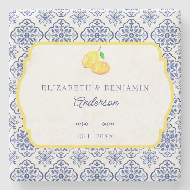 Italian Lemon Blue Tile Personalised Mediterranean Stone Coaster (Front)