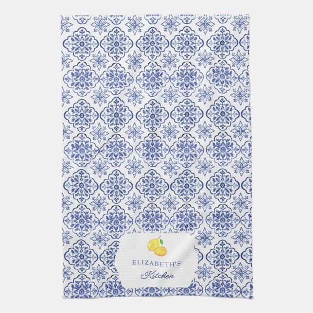 Italian Lemon Blue Tile Personalised Mediterranean Tea Towel (Vertical)