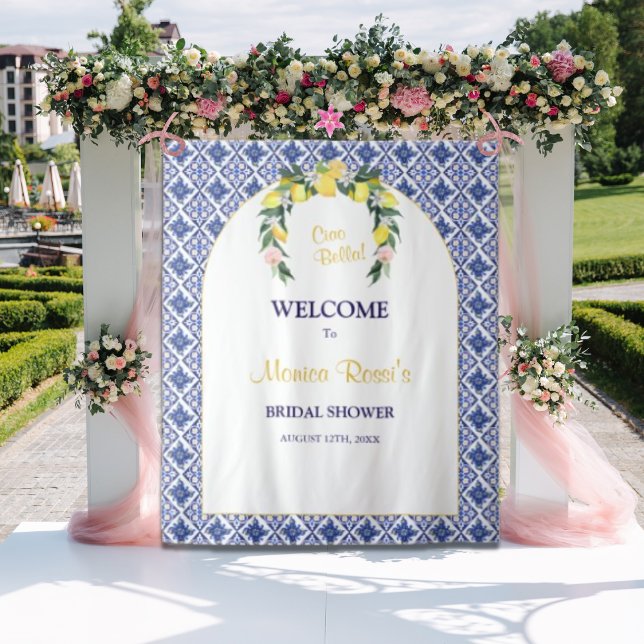 Italian Lemon Blue Tiles Bridal Shower Backdrop  Tapestry (Creator Uploaded)