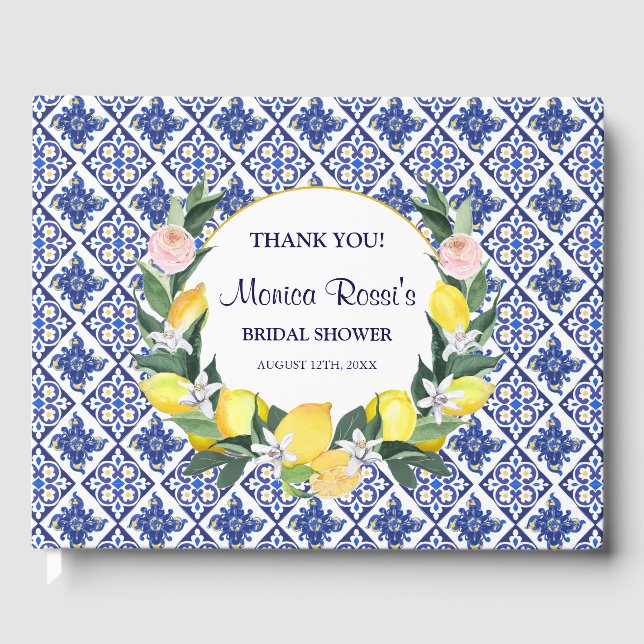Italian Lemon Blue Tiles Bridal Shower Thank You  Guest Book (Front)