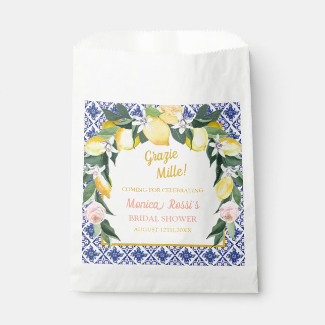 Italian Lemon Blue Tiles Grazie Mille Bridal Showe Favour Bag (Front)