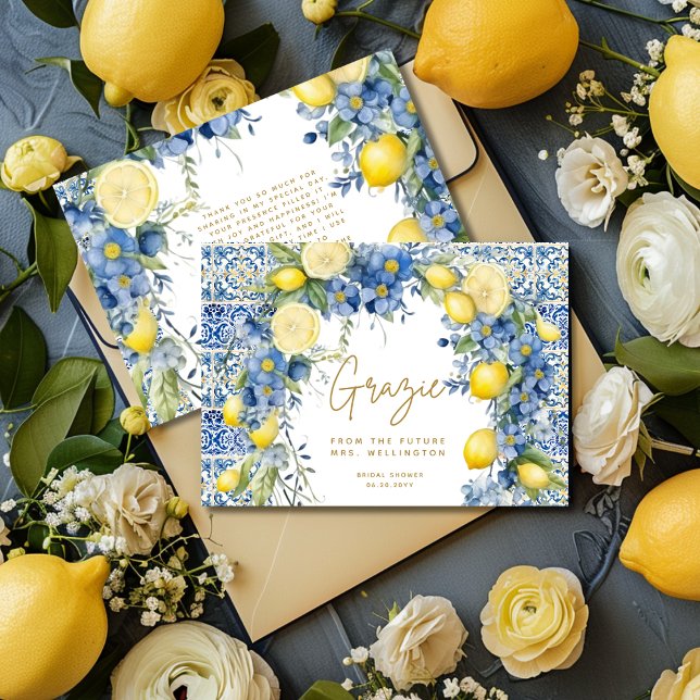 Italian Lemon Blue Tiles Italy Bridal Shower Thank You Card (Creator Uploaded)