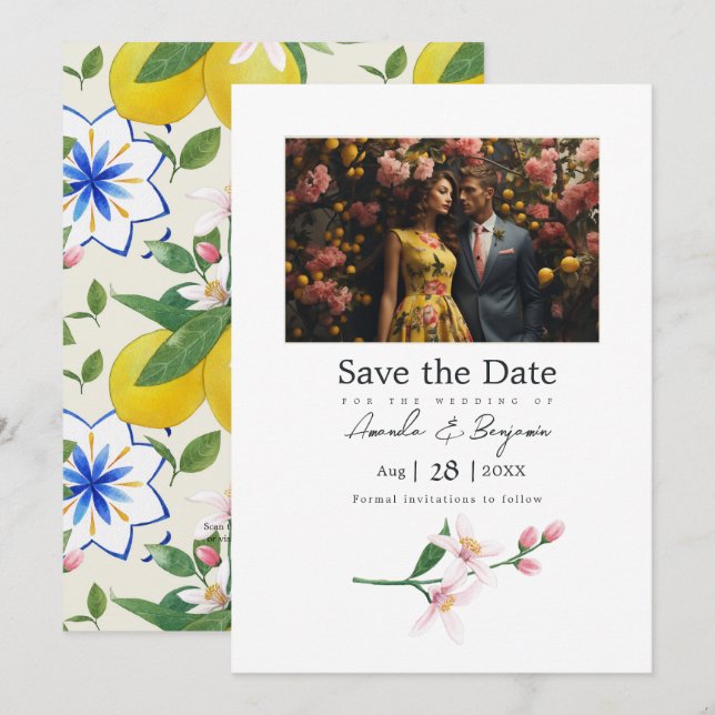 Italian Lemon Botanical Wedding Photo QR Code Save The Date (Front/Back)