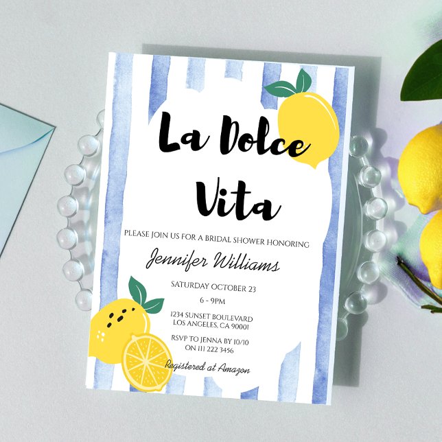 Italian Lemon Bridal Shower Blue Dolce Vita Doodle Invitation (Italian Lemon Bridal Shower Blue Dolce Vita Doodle Invitation)