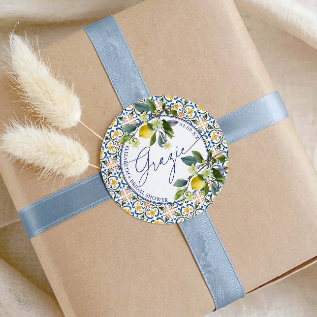 Italian Lemon Bridal Shower Grazie Classic Round Sticker (Italian Lemon Bridal Shower Grazie Classic Round Sticker)