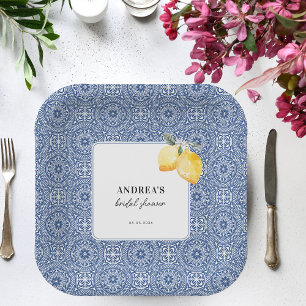Italian Lemon Floral & Blue Tile Bridal Shower Paper Plate