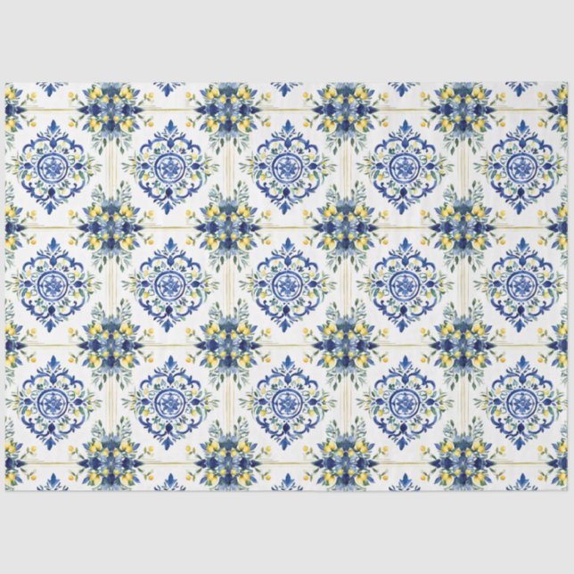Italian Lemon Floral Tile Blue and White Decoupage Tissue Paper (Front)
