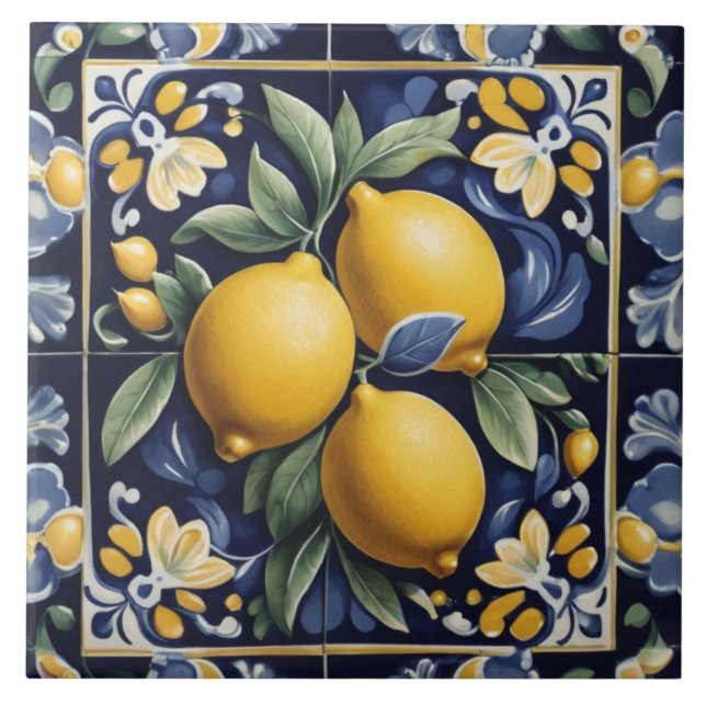 Italian Lemon Folk Art Dark Navy Blue Folksy Ceramic Tile (Front)