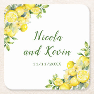 Italian Lemon Greenery Frame Wedding Square Paper Coaster