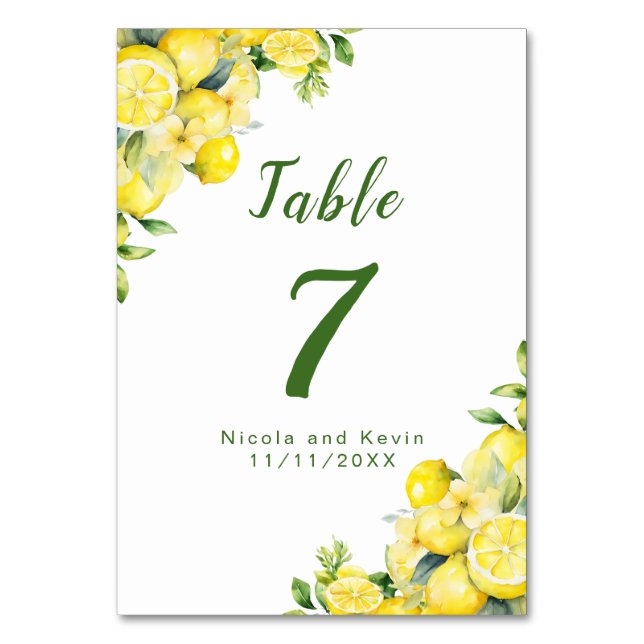 Italian Lemon Greenery Frame Wedding Table Number (Front)