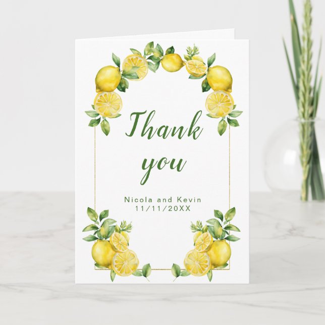 Italian Lemon Greenery Frame Wedding Thank You Card (Front)