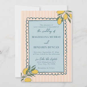 Italian Lemon Peach Stripe Blue Coastal Wedding Invitation