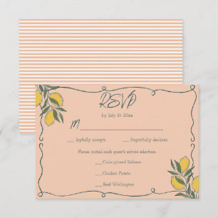 Italian Lemon Peach Stripe Blue Coastal Wedding RSVP Card